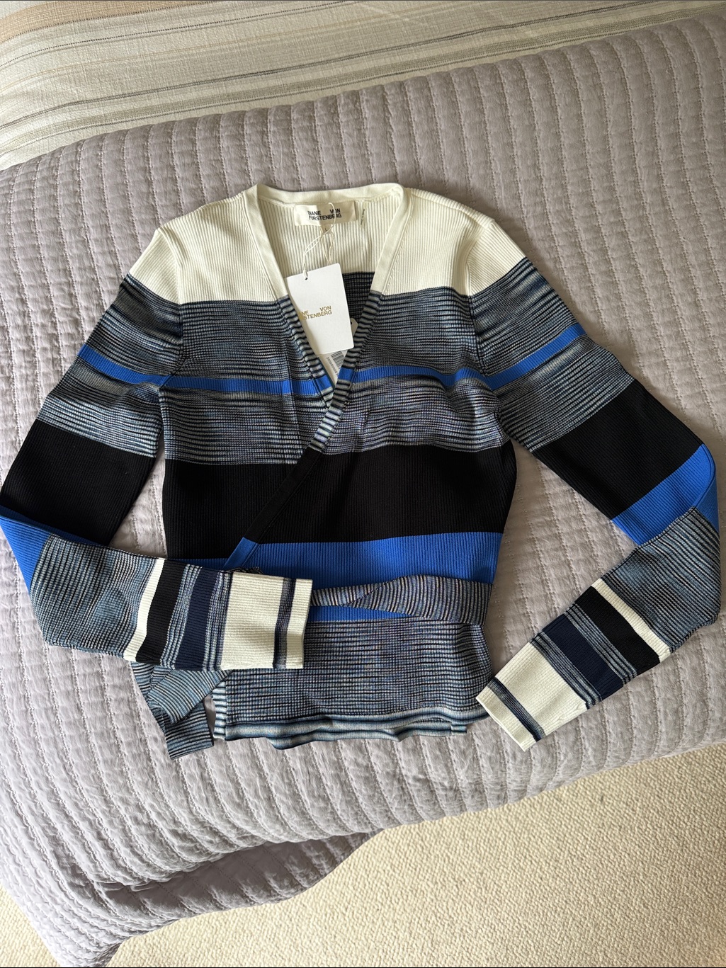 Diane Von Furstenberg Blue, Black, Cream Striped V-Neck Sweater